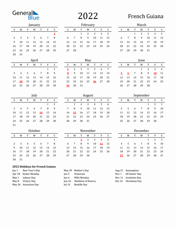 French Guiana Holidays Calendar for 2022