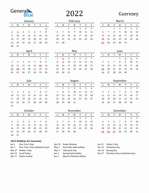 Guernsey Holidays Calendar for 2022