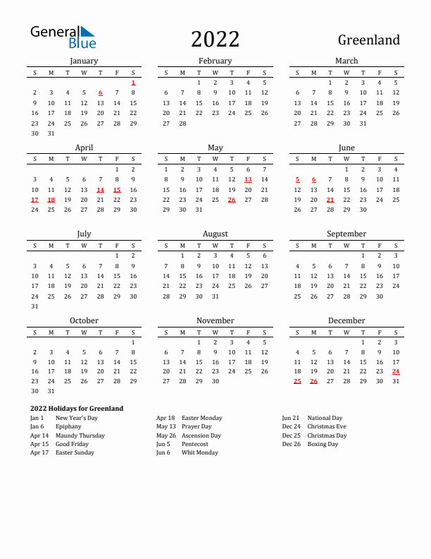 Greenland Holidays Calendar for 2022
