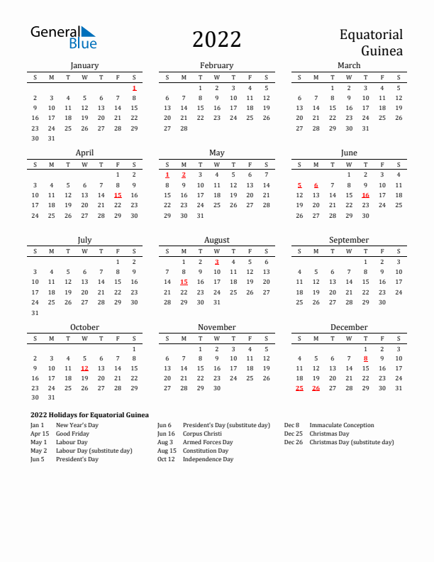 Equatorial Guinea Holidays Calendar for 2022