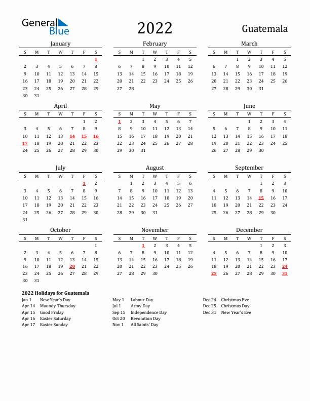 Guatemala Holidays Calendar for 2022