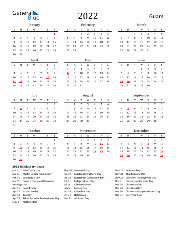 Guam Holidays Calendar for 2022