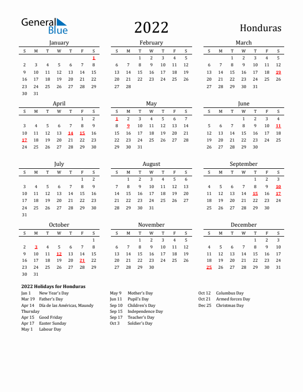 Honduras Holidays Calendar for 2022
