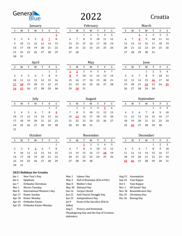 Croatia Holidays Calendar for 2022