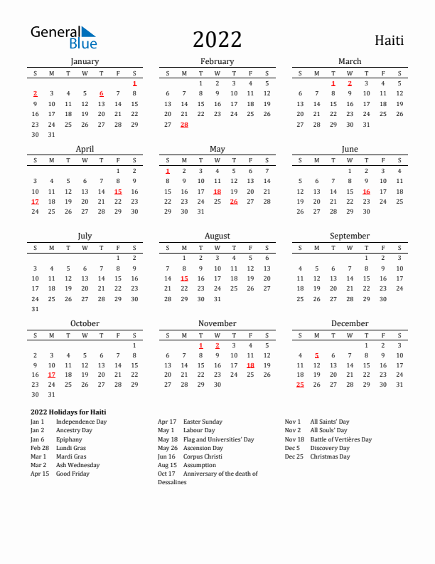 Haiti Holidays Calendar for 2022