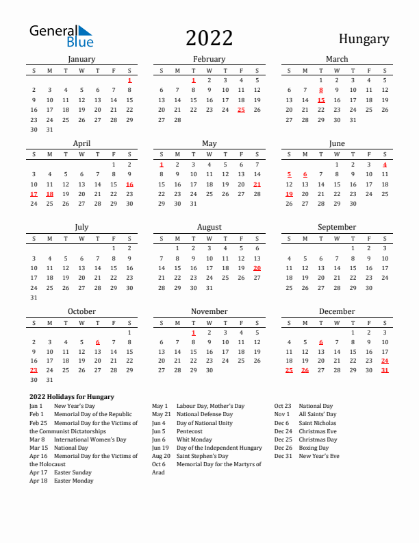 2022 Hungary Calendar with Holidays