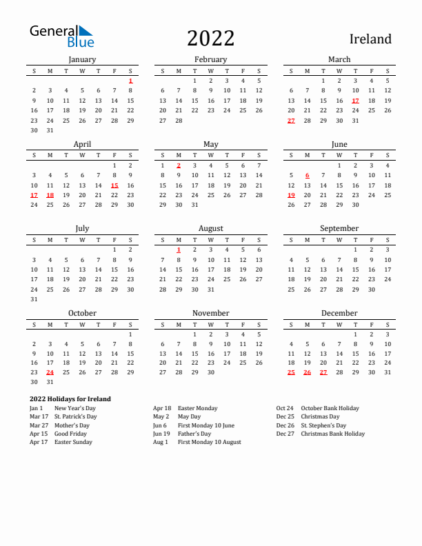 Ireland Holidays Calendar for 2022