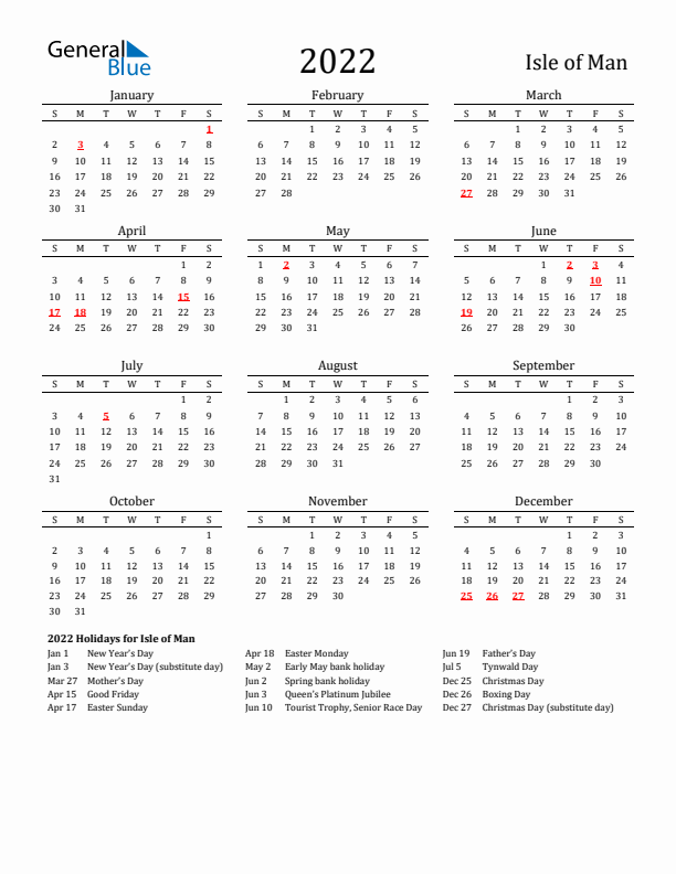 Isle of Man Holidays Calendar for 2022