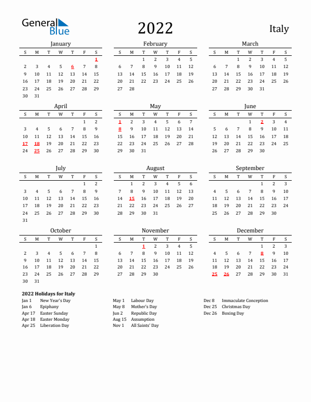 Italy Holidays Calendar for 2022