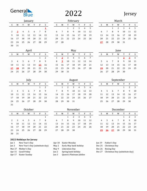 Jersey Holidays Calendar for 2022