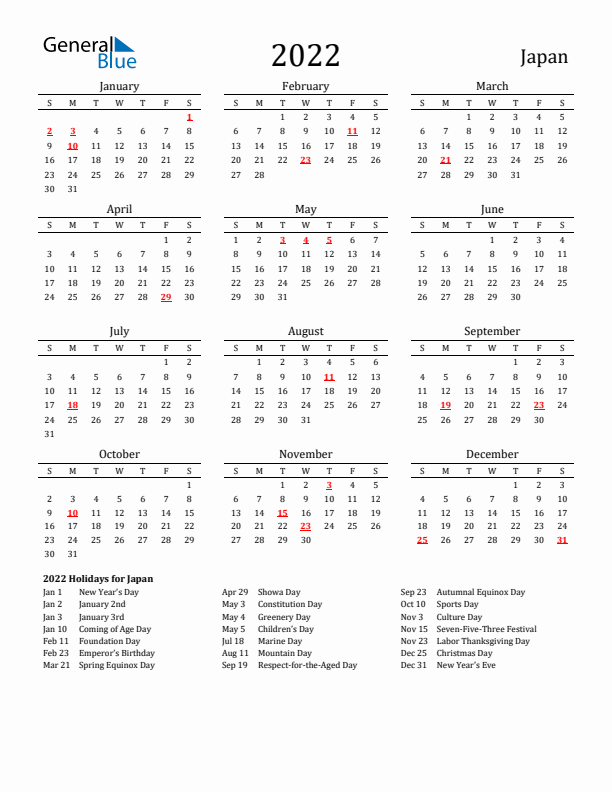 Japan Holidays Calendar for 2022