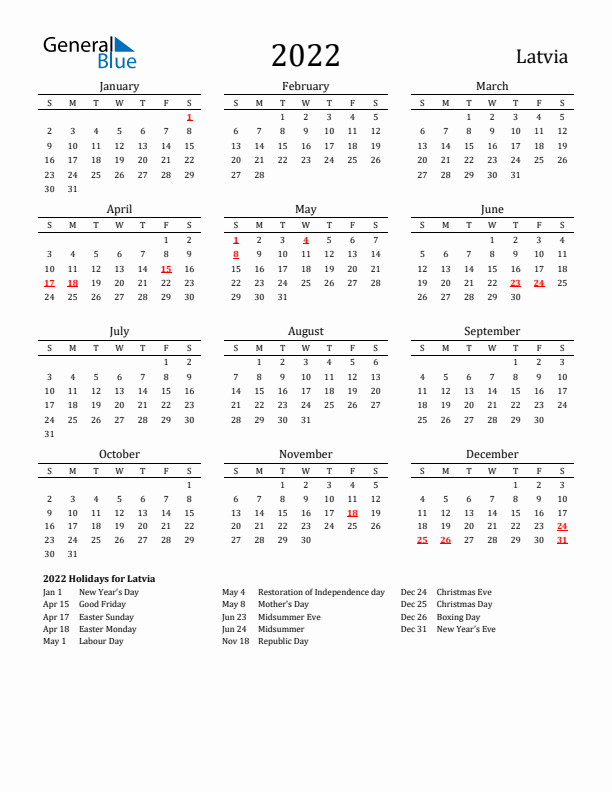 Latvia Holidays Calendar for 2022