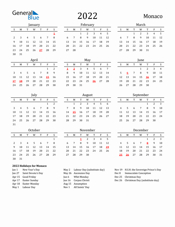 Monaco Holidays Calendar for 2022