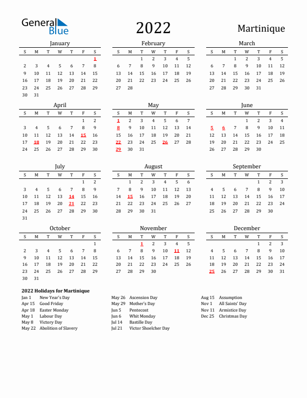 Martinique Holidays Calendar for 2022