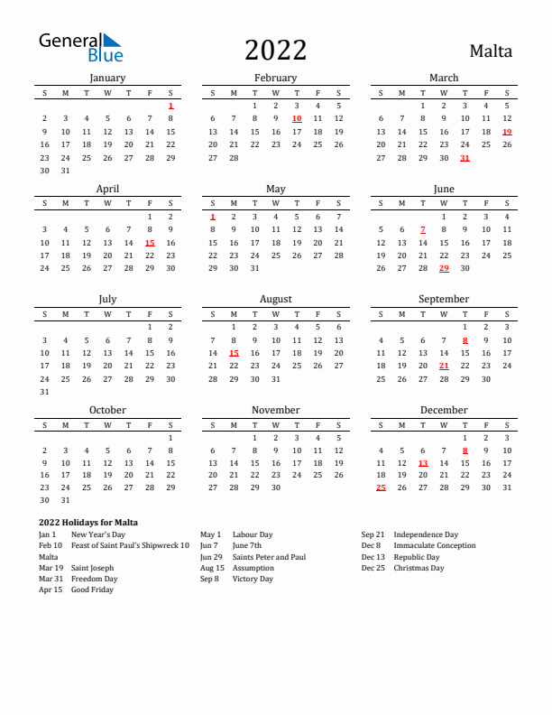 Malta Holidays Calendar for 2022