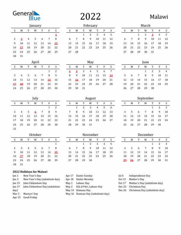 Malawi Holidays Calendar for 2022