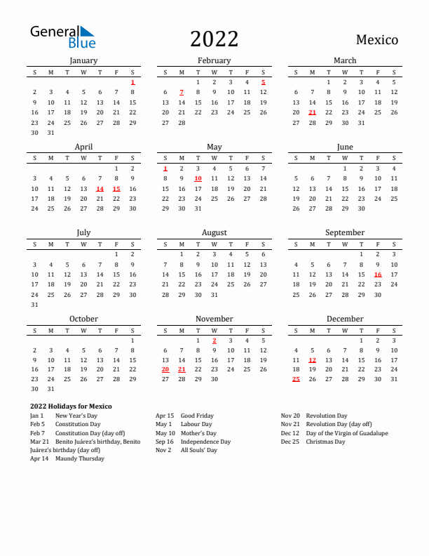 Mexico Holidays Calendar for 2022