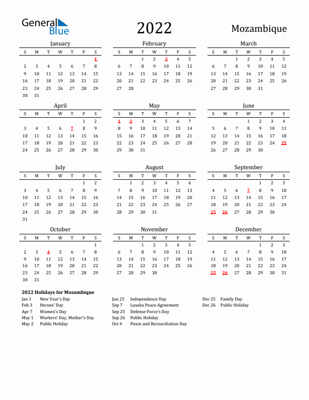 Mozambique Holidays Calendar for 2022