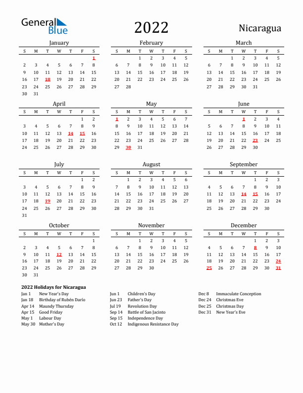 Nicaragua Holidays Calendar for 2022
