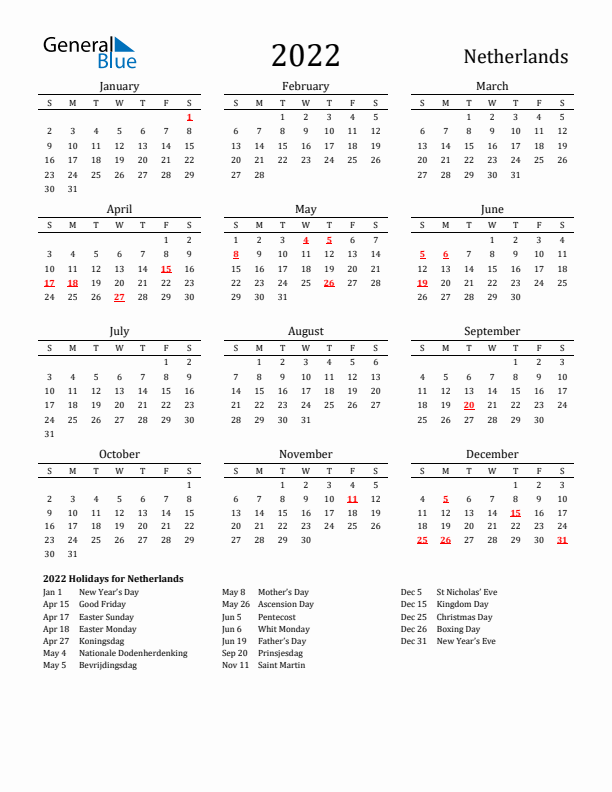 The Netherlands Holidays Calendar for 2022