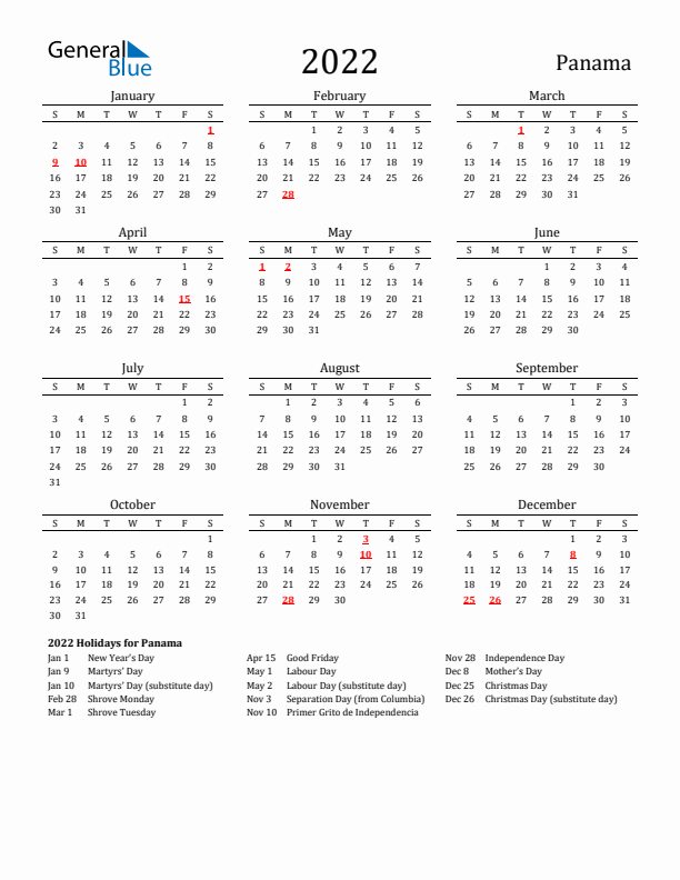 Panama Holidays Calendar for 2022
