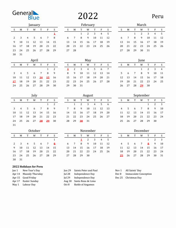 Peru Holidays Calendar for 2022