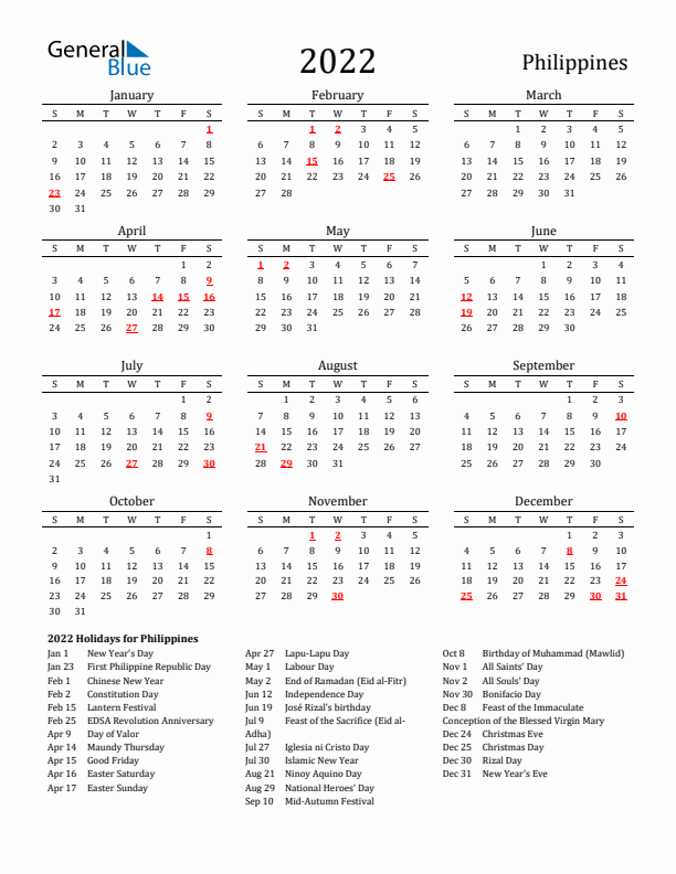 Philippines Holidays Calendar for 2022