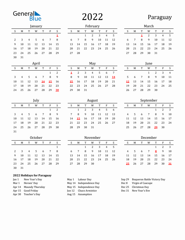 Paraguay Holidays Calendar for 2022