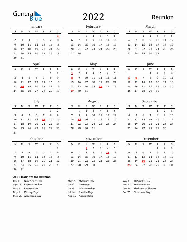 Reunion Holidays Calendar for 2022