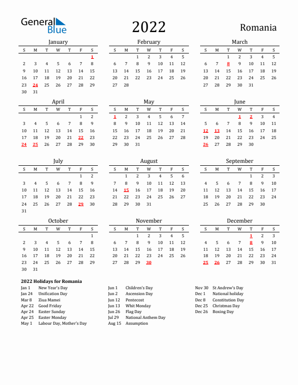 Romania Holidays Calendar for 2022