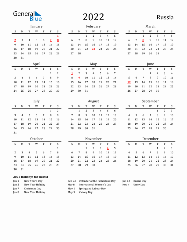 Russia Holidays Calendar for 2022