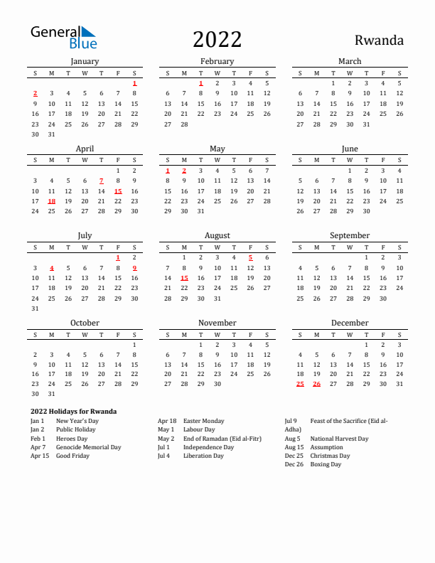 Rwanda Holidays Calendar for 2022