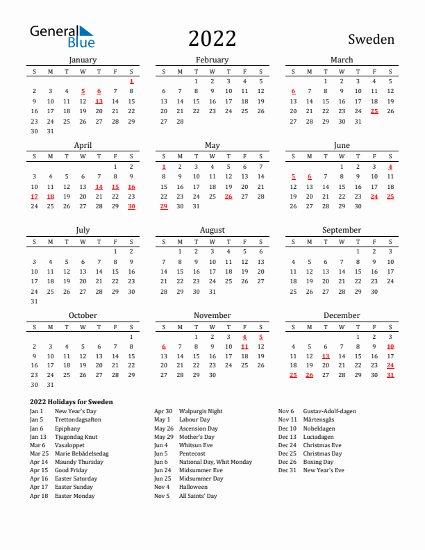 Sweden Holidays Calendar for 2022