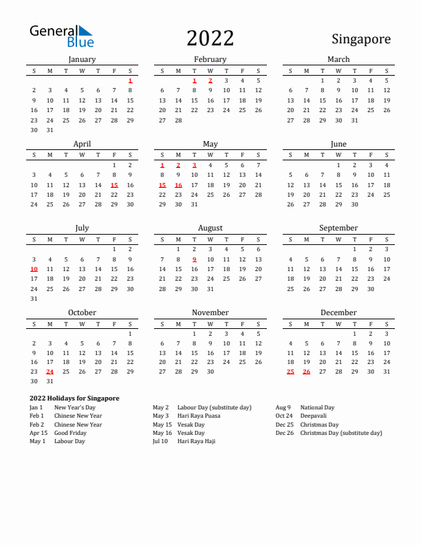 Singapore Holidays Calendar for 2022