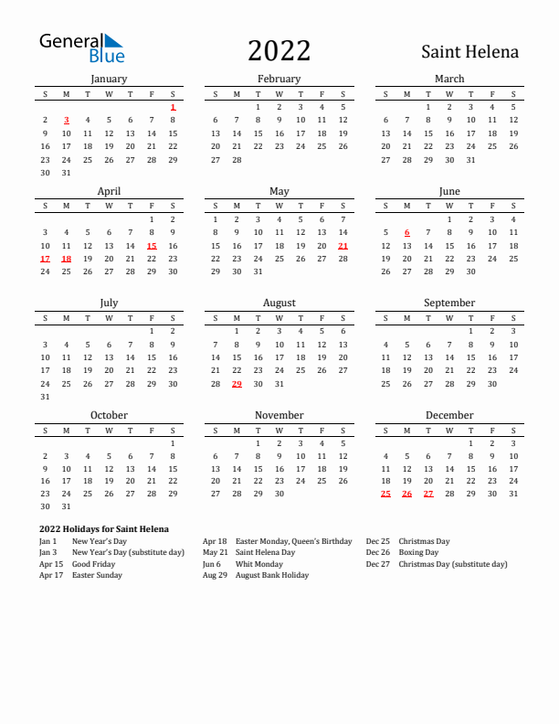 Saint Helena Holidays Calendar for 2022