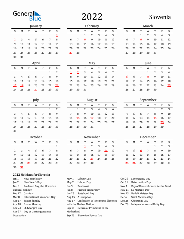 Slovenia Holidays Calendar for 2022