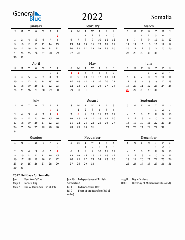 Somalia Holidays Calendar for 2022