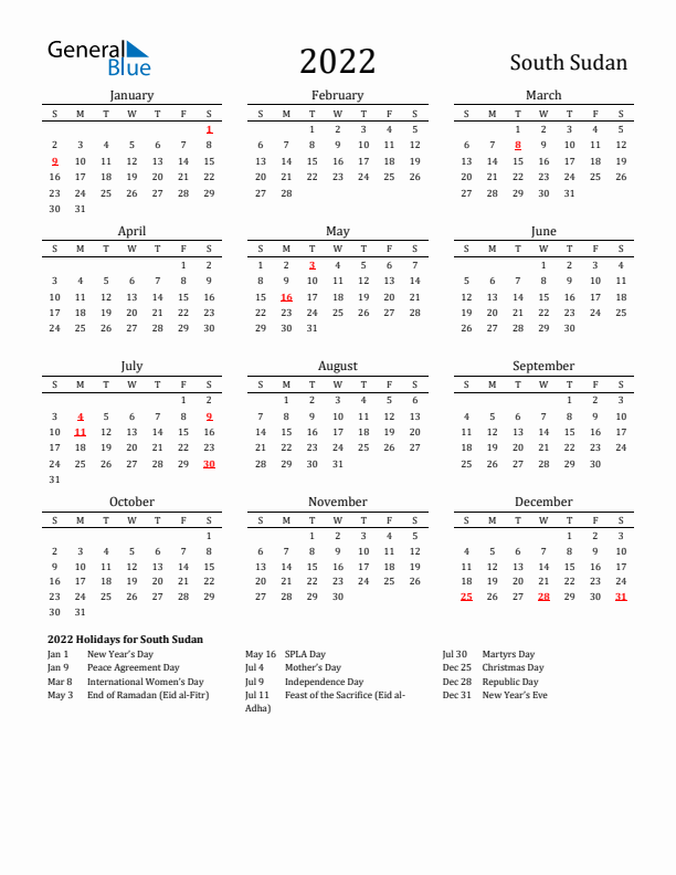 South Sudan Holidays Calendar for 2022