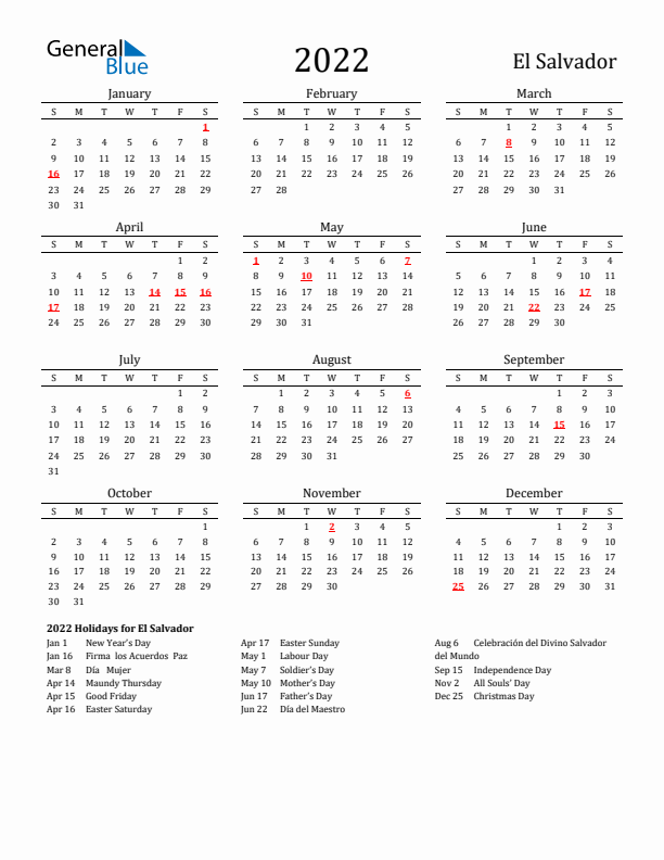 El Salvador Holidays Calendar for 2022