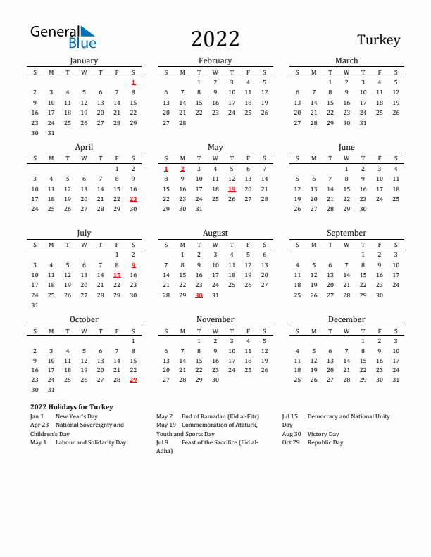 Turkey Holidays Calendar for 2022