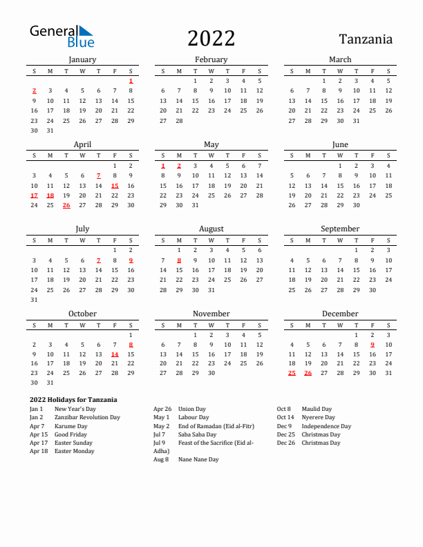 Tanzania Holidays Calendar for 2022