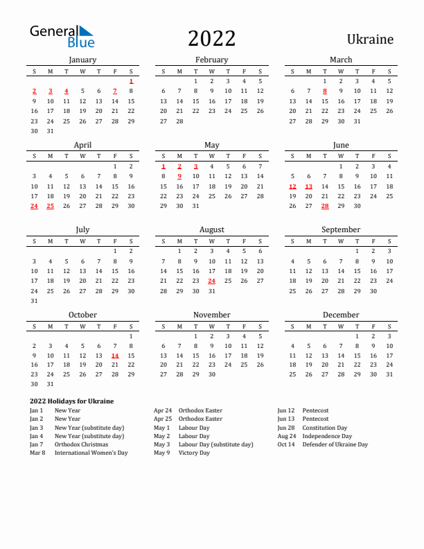 Ukraine Holidays Calendar for 2022