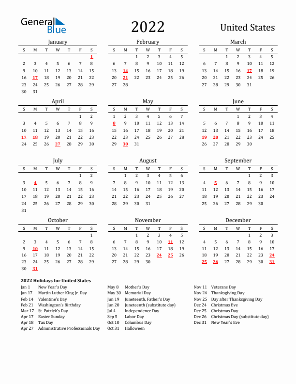 United States Holidays Calendar for 2022