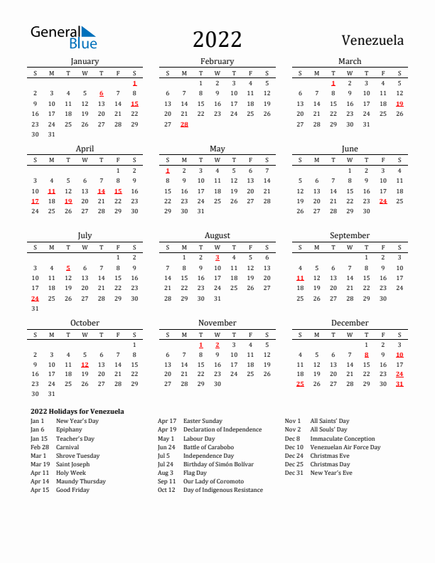 Venezuela Holidays Calendar for 2022