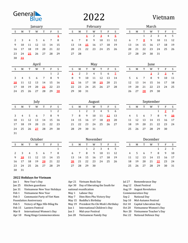 Vietnam Holidays Calendar for 2022