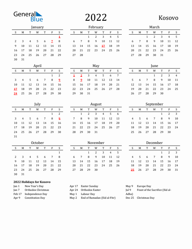 Kosovo Holidays Calendar for 2022