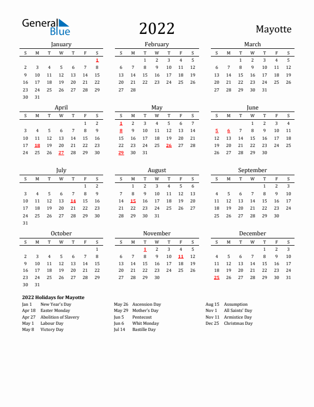 Mayotte Holidays Calendar for 2022