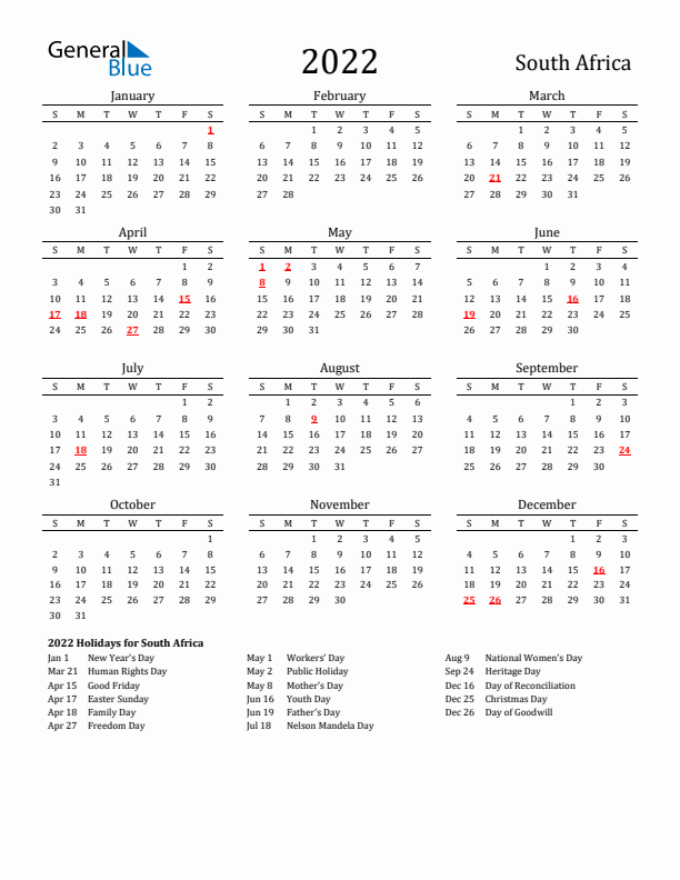 South Africa Holidays Calendar for 2022
