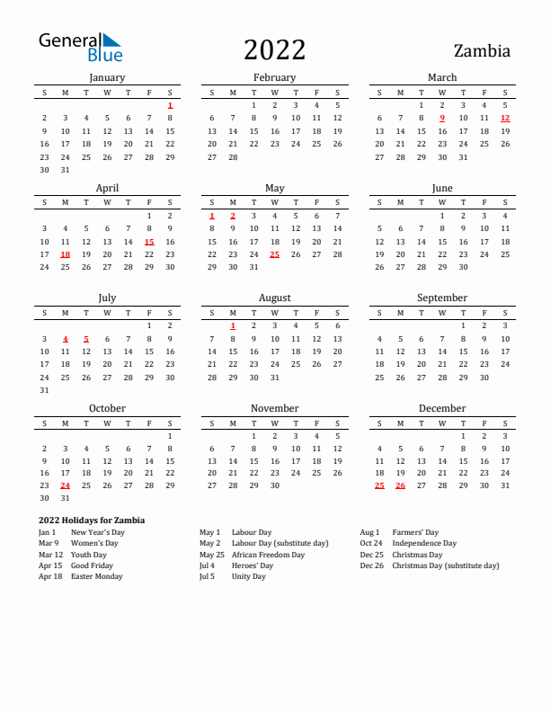 Zambia Holidays Calendar for 2022