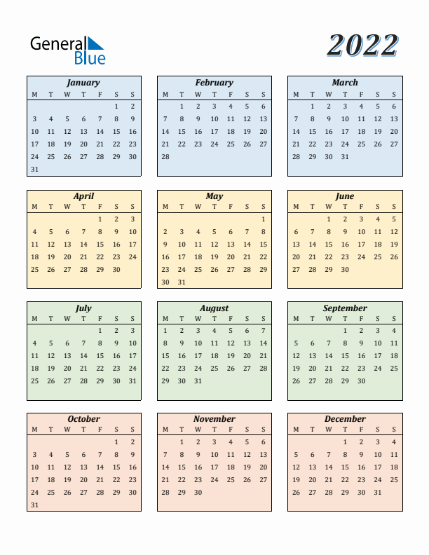 Calendar for 2022 (Monday Start)